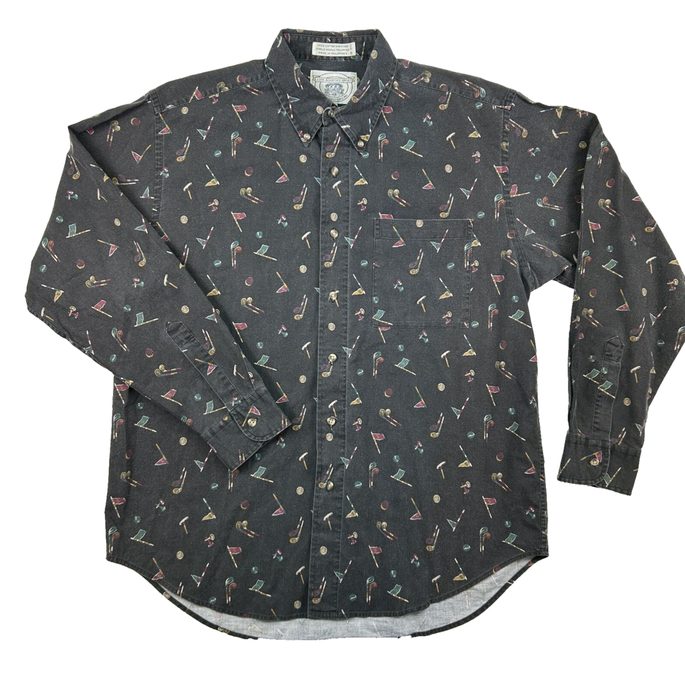 Vintage John Ashford Sport Shirt Mens Large Golf Clubs Flags Balls Button Up 90s